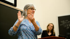 Professor Wendy Hill teaching in a classroom