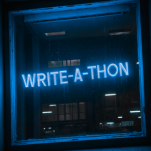 A blue neon sign on a black background that says "WRITE-A-THON."
