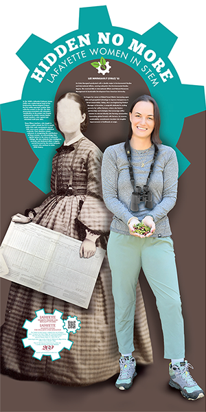 Poster of Liz (Cole) Bourgault '12, including text from this page, a picture of Liz, and a picture of a faceless Victorian woman holding a meteorological chart. 