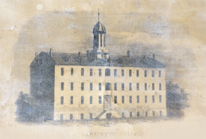 An engraving of a four-story building with a turret rising from the roof, labeled "Lafayette College."