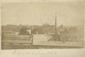 A sepia-toned photo of buildings from above, captioned "Lafayette College 1858" by hand.