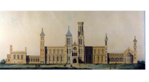 An engraving of the Smithsonian Museum's north facade.