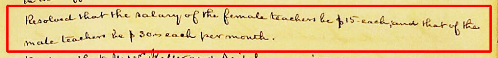 Handwritten ledger text: Resolved that the salary of the female teachers be $15 each, and that of the male teachers be $30 each per month.